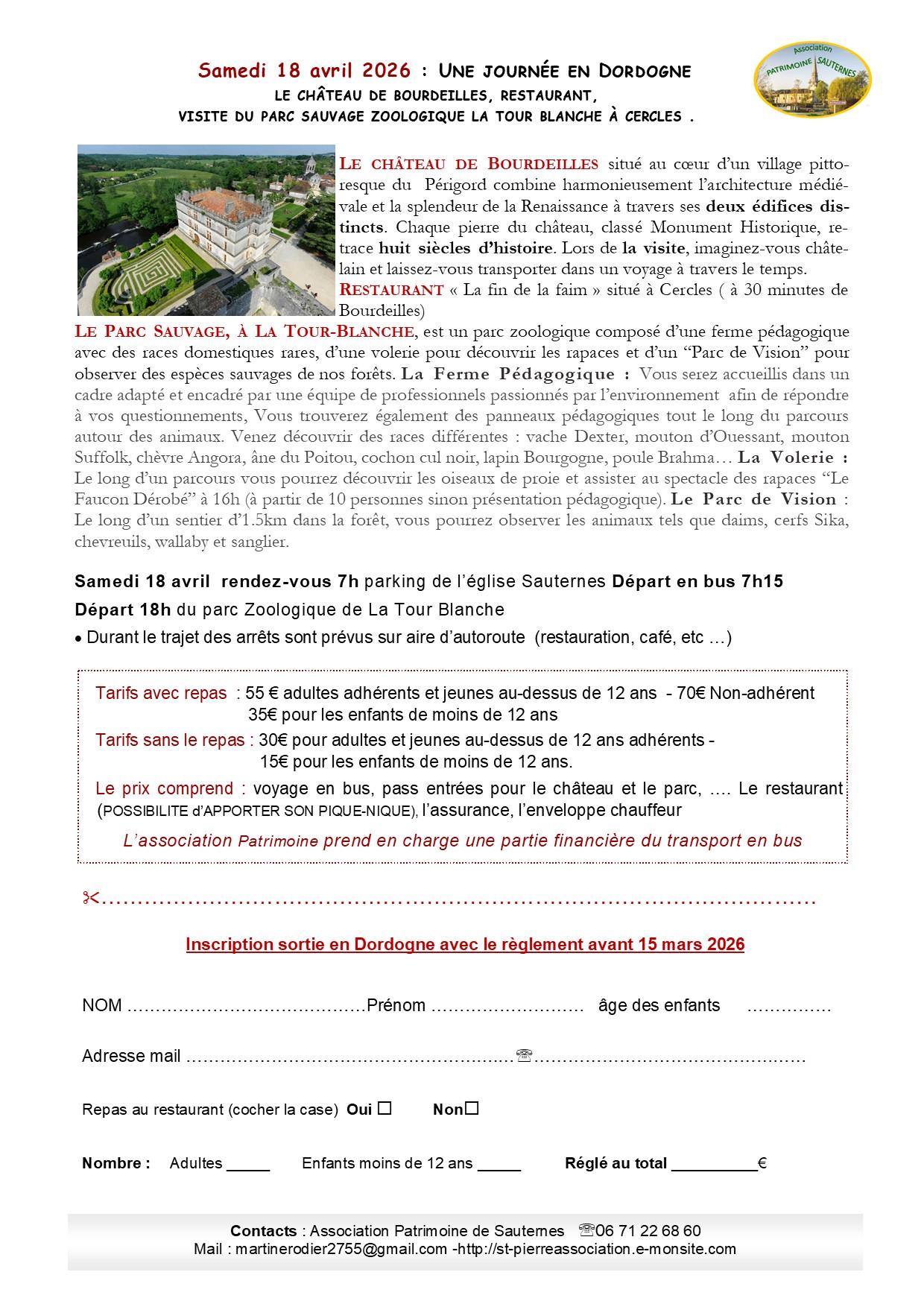 Inscription parc la tour blanche 18 avril 2026